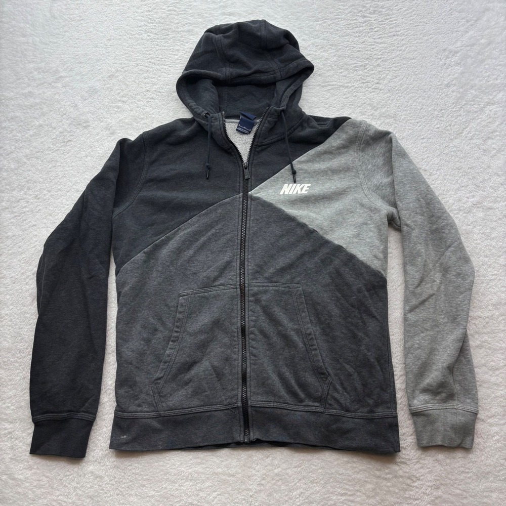 Nike Mens Colorblock Full Zip Hoodie Grey Black Fleece Hooded Jacket Size M